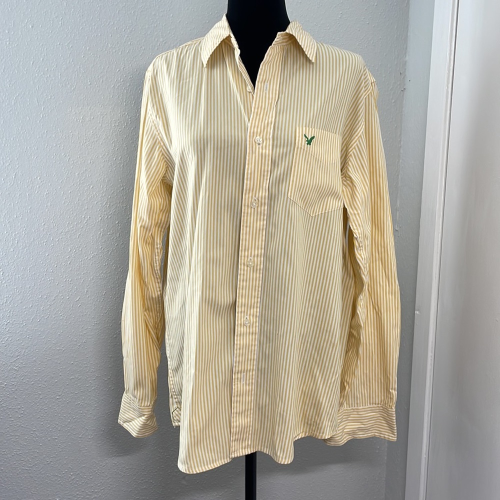 American Eagle Yellow White Striped Button Up Slim Fit